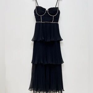 Self-Portrait Black Tiered Pleated Midi Dress with Beaded Trim